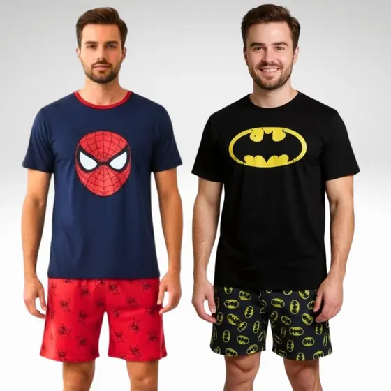 Kit 2 Pijamas Adulto Masculino Meia Manga / Super Heróis / Roupa de Dormir / Pijama Masculino Tamanhos P M G GG Promoção