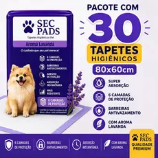 30 Tapete Pet Higiênico 80x60cm Com Cheirinho de Lavanda e Adesivo Fixador 6 camadas Não vaza