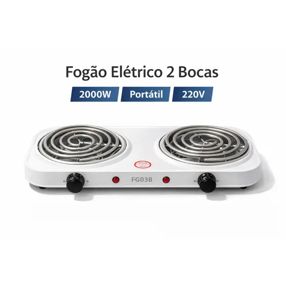 Fogão Elétrico 2 Bocas 2000W Portátil Branco 220V Espiral