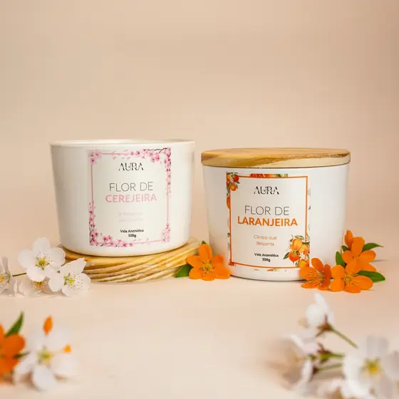 Vela Aromática Perfumada 100g | Linha Floral – Flor de Cerejeira ou Flor de Laranjeira | Cera Vegetal – Aura
