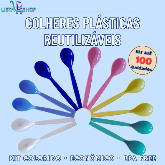 Kit Colher de Plástico Reutilizável Escolar Resistente Festa Sobremesa Merenda Infantil até 100 Peças