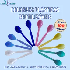 Kit Colher de Plástico Reutilizável Escolar Resistente Festa Sobremesa Merenda Infantil até 100 Peças