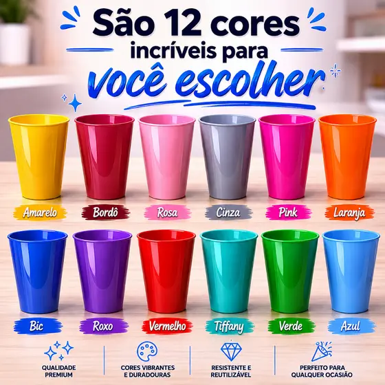 Kit Copo Plástico 350ml Colorido Reutilizável Resistente para Festa Merenda e Dia a Dia