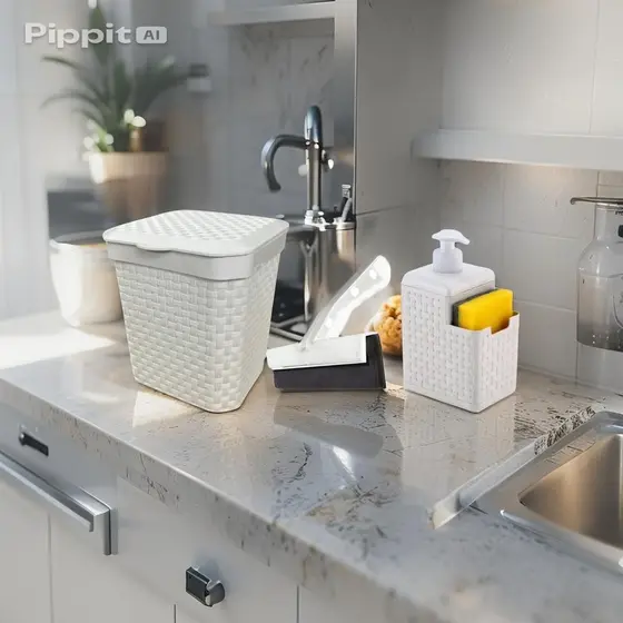 Kit Cozinha Pia 3 Peças Branco Lixeira Rattan 5L Dispenser Detergente Rodo Branco