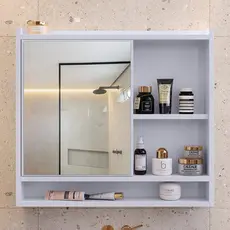 Espelheira Para Banheiro 60cm Suspensa Com Espelho e Nichos Organizador Com Porta e Divisórias