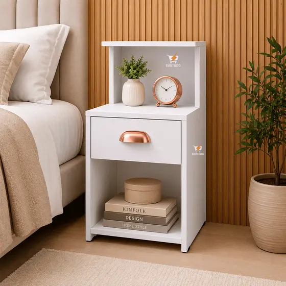 Mesa de Cabeceira Criado  Quarto Lateral de cama com Gaveta Nicho e Prateleira Cama Cleo