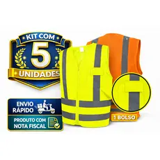 Kit 5 Colete Segurança Tipo Blusão Refletivo Bolso Zíper Alta Visibilidade EPI Sinalização Proteção