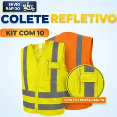 Kit 10 Colete de Segurança com Bolso Refletivo Alta Visibilidade Sinalização Noturna Proteção EPI
