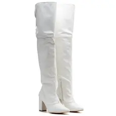 Bota Over The Knee Cano Longo Feminina Lavínia Salto Alto Bico Fino Branca
