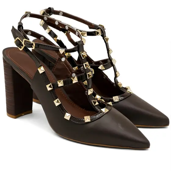 Sapato Scarpin Feminino Catarina Salto Alto Bico Fino Tachas Macchiato