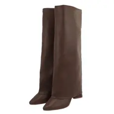 Bota Capa Cano Longo Feminina Giane Salto Alto Bico Fino Café