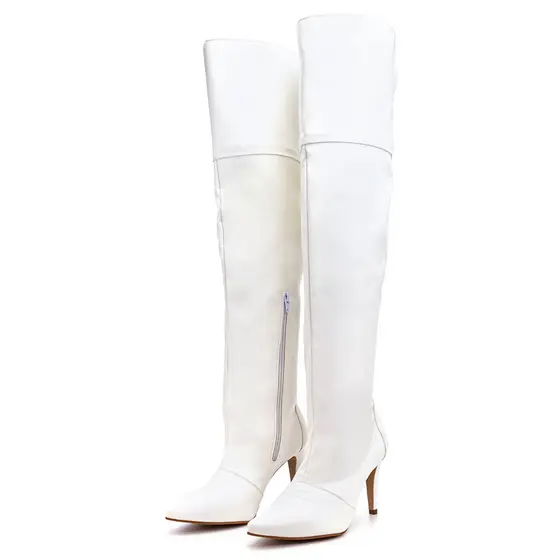 Bota Over The Knee Cano Longo Feminina Helena Salto Alto Bico Fino Branca
