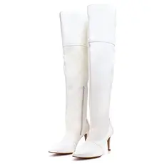 Bota Over The Knee Cano Longo Feminina Helena Salto Alto Bico Fino Branca