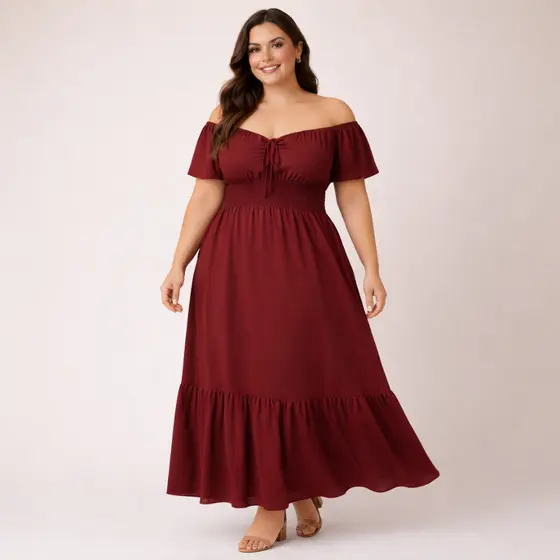 Vestido Longo Plus Size Ombro a Ombro com Lastex Elegante G2 ao G5 – Marsala Preto Azul Royal Telha