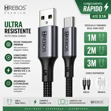 Hrebos Cabo USB-A para Tipo C USB-C Trançado 1m 2m 3m 60W Iphon 15 16 17 Android Preto Branco