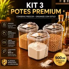 Kit 3 Potes Farinheiro Açucareiro Saleiro Dosador 900ml Tampa Deslizante Vedação Forte Porta Mantimentos