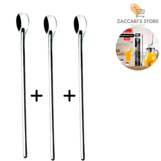 Kit 3 Colheres Em Inox 20 Cm para Sucos, Drink, Refresco, Coquetel, Vitaminas e outros