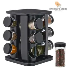 Porta Temperos Giratório Com 12 Potes Com 9 Potes Com 6 Potes De Vidro Tampa Dosadora Preto Para Cozinha