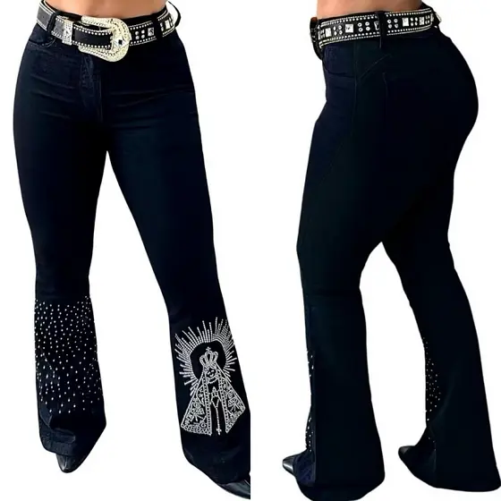 Calça Country Flare Jeans Feminina Nossa Senhora Aparecida Cintura Alta com Brilhos Rodeio Cavalgada