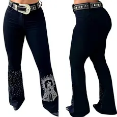 Calça Country Flare Jeans Feminina Nossa Senhora Aparecida Cintura Alta com Brilhos Rodeio Cavalgada