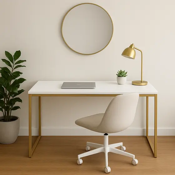 Mesa de Escritório Escrivaninha 120cm Base Metálica Dourada Compacta Sofisticada Moderno Trabalho