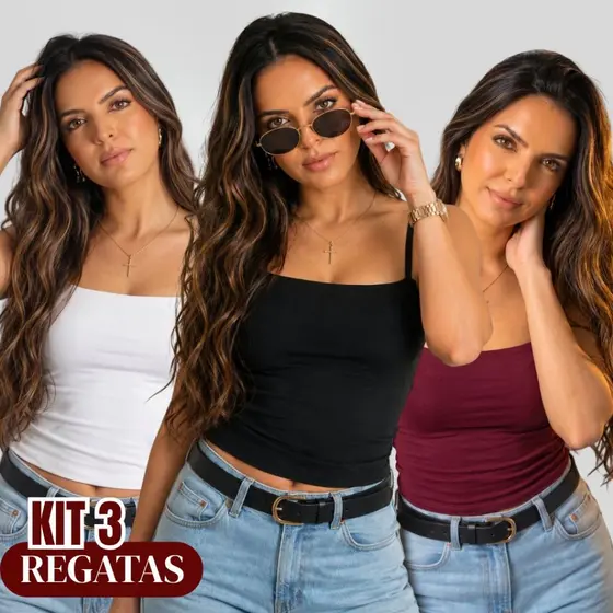 KIT 3 ou 2 Blusas Regata Feminina Alcinha Suplex Forro Duplo Cropped Várias Cores do P ao GG
