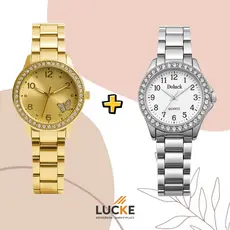 2 Relógios Femininos, Prata, Rose e Dourado Banhado a Ouro 18K Quartzo em Aço Inoxidável.