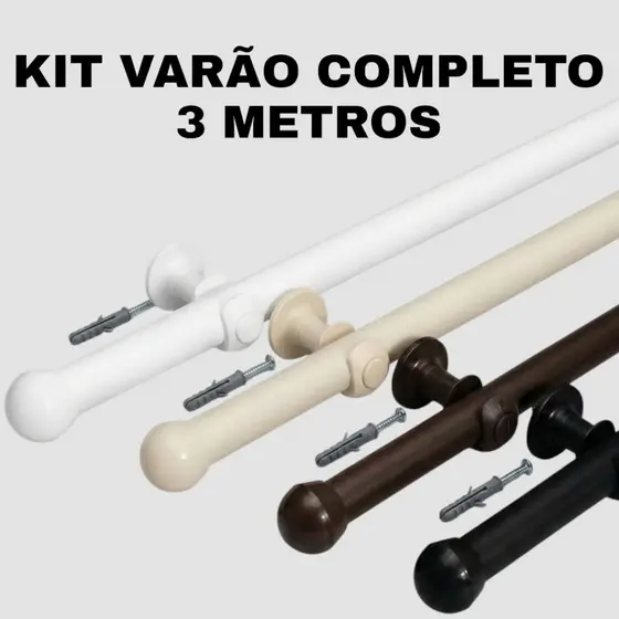 Kit Varão Cortina De 1,00mt a 3,00mt De Madeira Completo