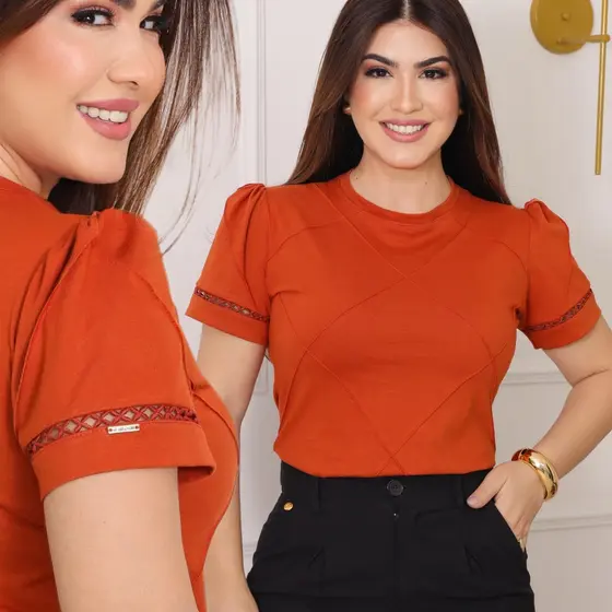 Blusa Feminina Gola Alta T-Shirt Manga Princesa Camiseta de Algodão Premium Elegante Casual