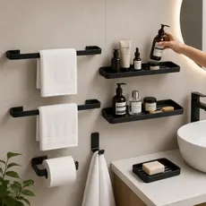 Kit Acessórios Para Banheiro 6 Peças Preto Fosco Com Toalheiro E Prateleira