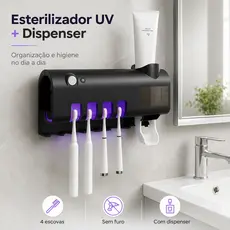 Esterilizador UV de Escovas com Dispenser de Pasta Suporte para 4 Escovas Sem Furo Banheiro