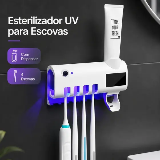 Porta Escova de Dentes UV com Dispenser de Pasta Dental Suporte Banheiro Sem Furar