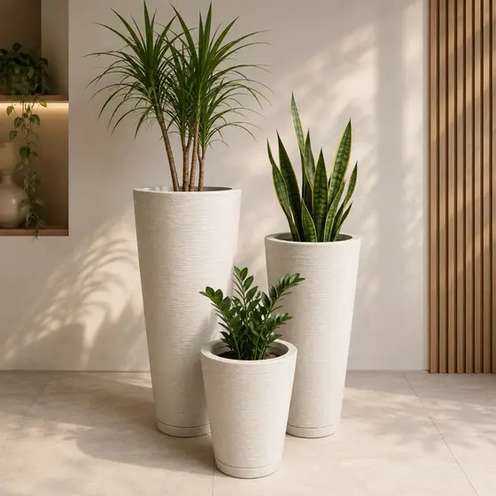 Kit 3 Vasos Decorativos Premium alto para Sala Jardim Varanda com Prato Coletor