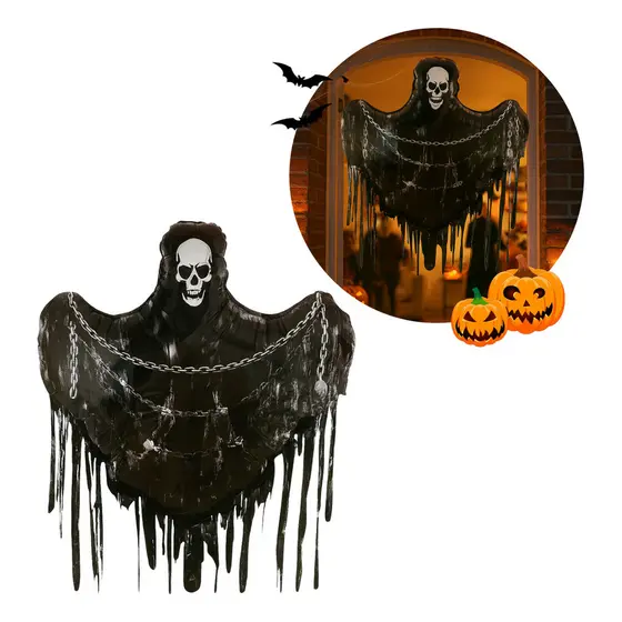 Balão Halloween Ceifador Gigante 150x118cm – Caveira com Correntes para Pendurar, Decoração Sinistra