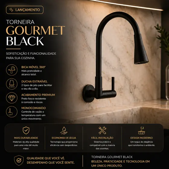 Torneira Gourmet Cozinha Parede Pia Flexível Preta Dupla Função Abs