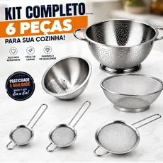 Kit Escorredor Massa 28cm + Escorredor Arroz 20cm + 3 Peneiras Inox + Escorredor Telado 21cm