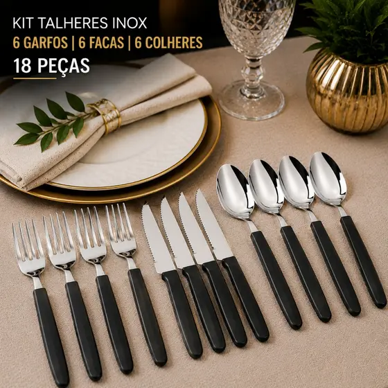 jogo De Talheres Peças Inox Cabo Preto ou Vermelho Garfo Faca Colher Resistente Mesa Posta