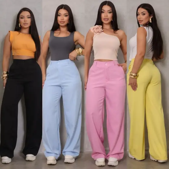 Calça Pantalona Alfaiataria Feminina Cintura Alta Tendência 2026
