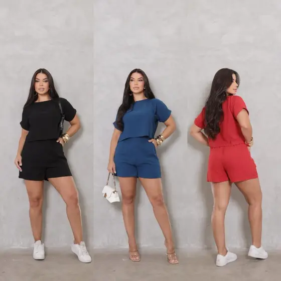 Conjunto Feminino Alfaiataria Cropped e Shorts Cintura Alta Viscolinho Elegante