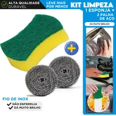 Kit Limpeza 2 Palhas de Aço Inox + 1 Esponja Dupla Face Verde Para Cozinha Panelas Fogão Multiuso SH