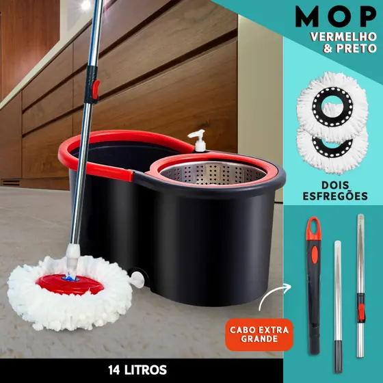 Mop Giratório C/ cabo de 140 cm + 2 Refis Balde Centrífuga Cesto Em Inox Com Rodinhas - SHEFA