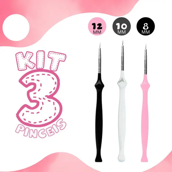 Kit Pincel Fino Nail Art 3 Peças Para Unhas Profissional Pintura e Desenho Detalhado - MZ 08