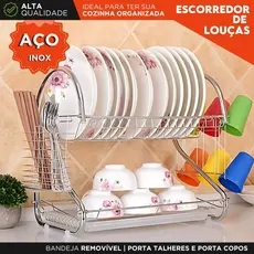 Escorredor de Louças Inox 2 Andares Duplo com Bandeja Porta Talheres e Porta Copos Para Cozinha - SH