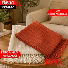 Manta Para Sofá GG e Peseira De Cama Terracota E Cru Detalhe Em Quadriculado artesanal...