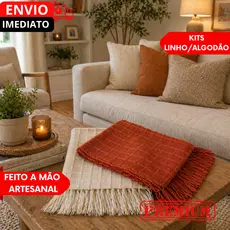 Conjuntos Manta Para Sofá GIGANTE e Peseiras Cama Terracota Cru Detalhe Em Quadriculado artesanal...