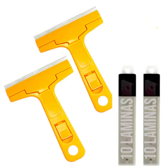 2 Estilete Espatula Raspador Plano Insulfilm Vidro Adesivo Cola Tinta Azulejo Ceramica Rejunte com 20 laminas Reserva