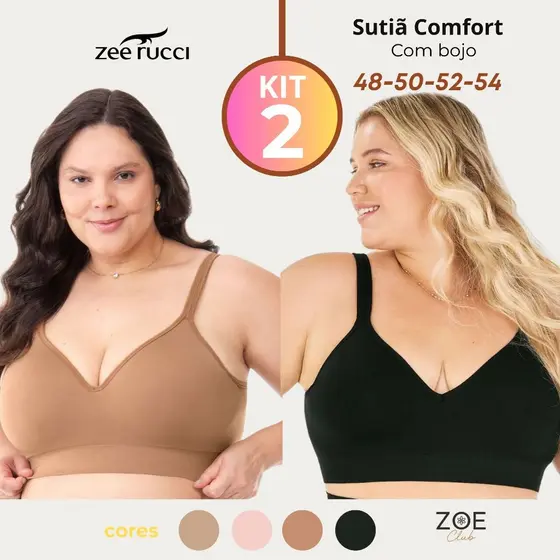Kit Sutiã Plus Size Comfort Com Bojo Sem Costura Alças Reforçadas Lateral Larga Soutien Zee Rucci