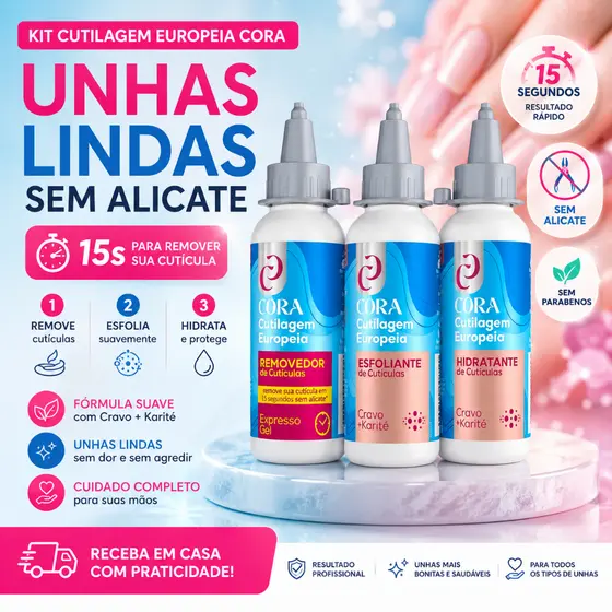 Kit Cutilagem Europeia Cora Remove Cuticula Sem Alicate 3 peças profissional