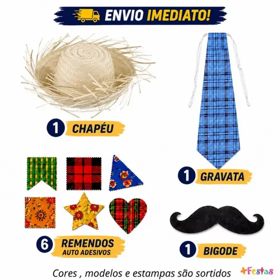 Kit Junino Chapéu Palha Desfiado Infantil + Bigode + Gravata+ Remendo Auto Colante Festa Junina