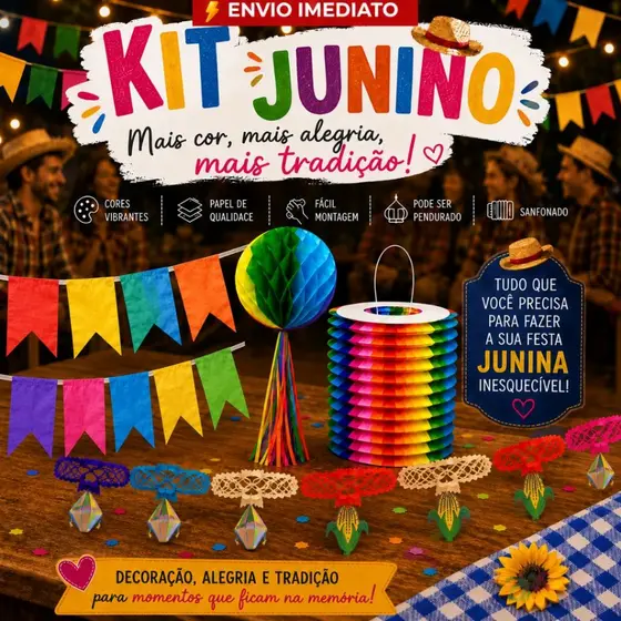 Kit 5/10 Enfeite Junino de Papel Decoração Festa Junina São João Arraial Evento Escola Arraiá